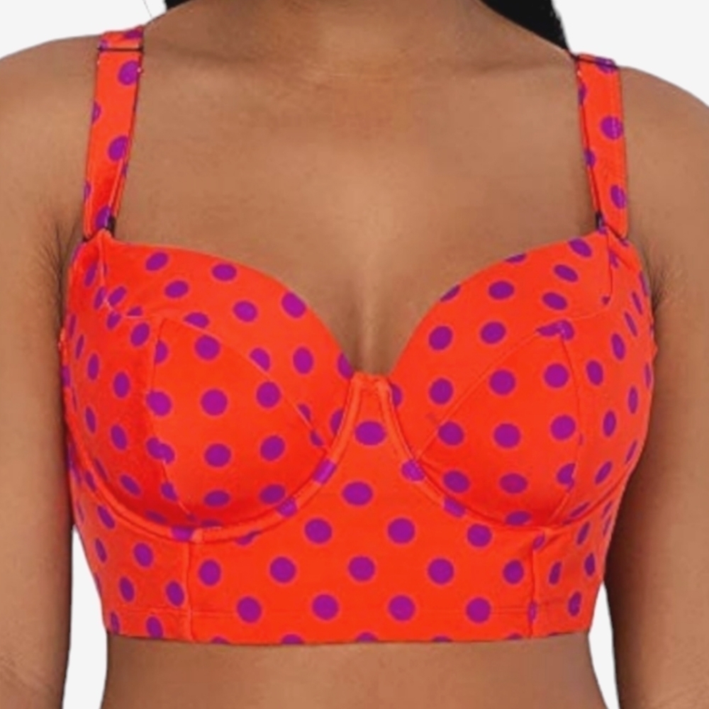 Smart & Sexy Long Lined Underwire Orange With Purple Polka Dots Bikini Top 44D